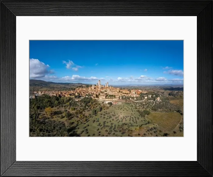 Framed Print : Drone panorama view of the Italian hill town of San Gimignano in Tuscany Framed Print : Drone panorama view of the Italian hill town of San Gimignano in Tuscany