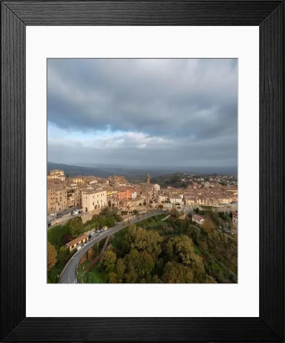 Framed Print : Drone view of the Tuscan hilltop village and wine capital of Montepulciano Framed Print : Drone view of the Tuscan hilltop village and wine capital of Montepulciano