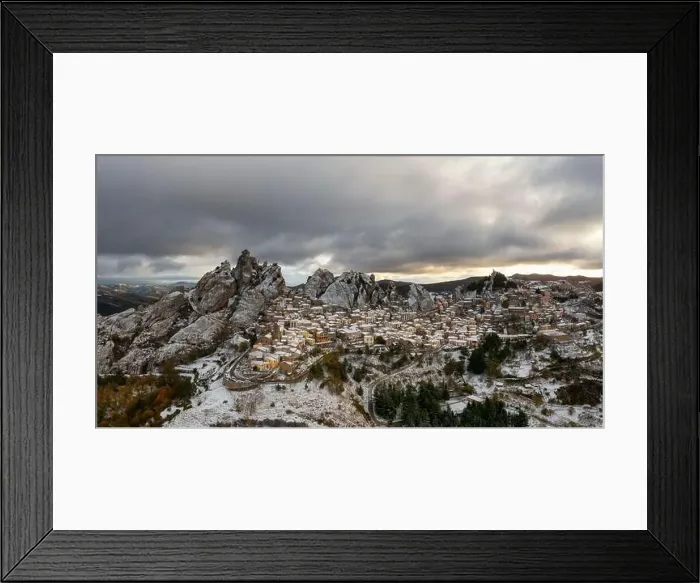 Framed Print : Panorama view of Pietrapertosa in the piccolo Dolomiti region of southern Italy in winter Framed Print : Panorama view of Pietrapertosa in the piccolo Dolomiti region of southern Italy in winter