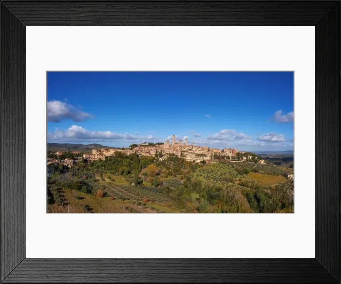 Framed Print : Drone panorama view of the Italian hill town of San Gimignano in Tuscany Framed Print : Drone panorama view of the Italian hill town of San Gimignano in Tuscany