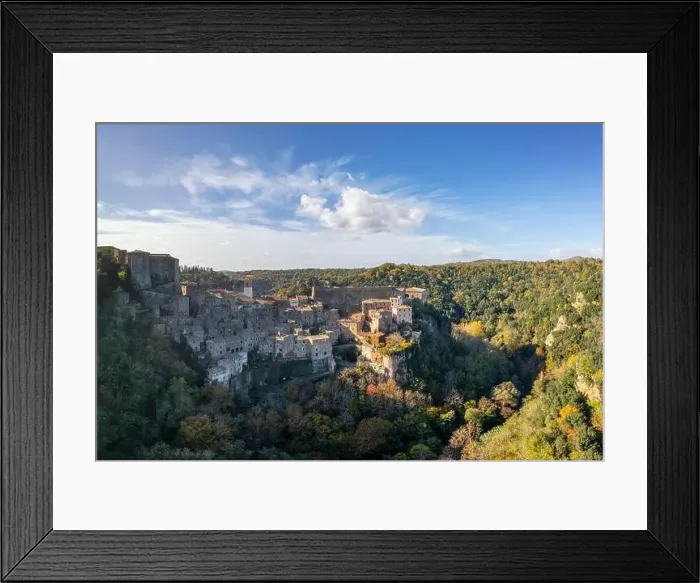 Framed Print : Drone view of the fortified medieval village of Sorano in Tuscany Framed Print : Drone view of the fortified medieval village of Sorano in Tuscany