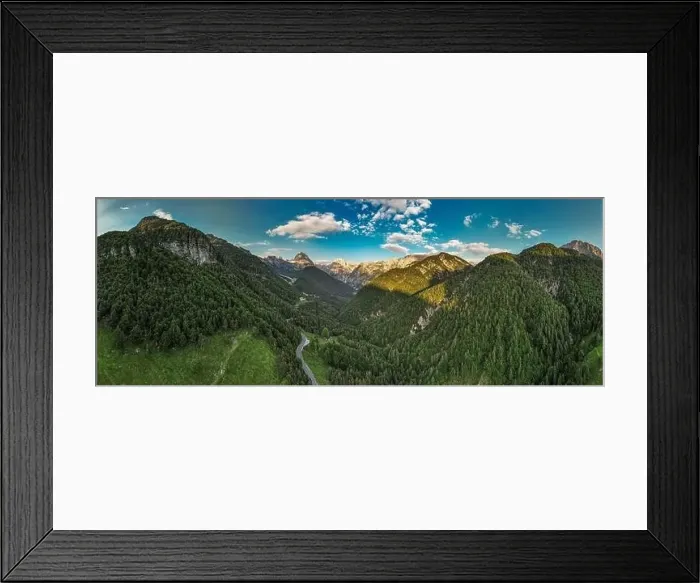 Framed Print : Alpine landscape with green forest in Predil Pass, Italy and Slovenia. Aerial drone view Framed Print : Alpine landscape with green forest in Predil Pass, Italy and Slovenia. Aerial drone view