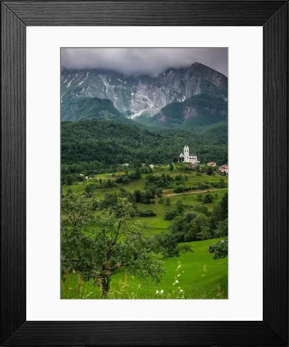 Framed Print : Drežnica village near Kobarid, under Mount Krn Slovenia. Picturesque rural green landscape Framed Print : Drežnica village near Kobarid, under Mount Krn Slovenia. Picturesque rural green landscape