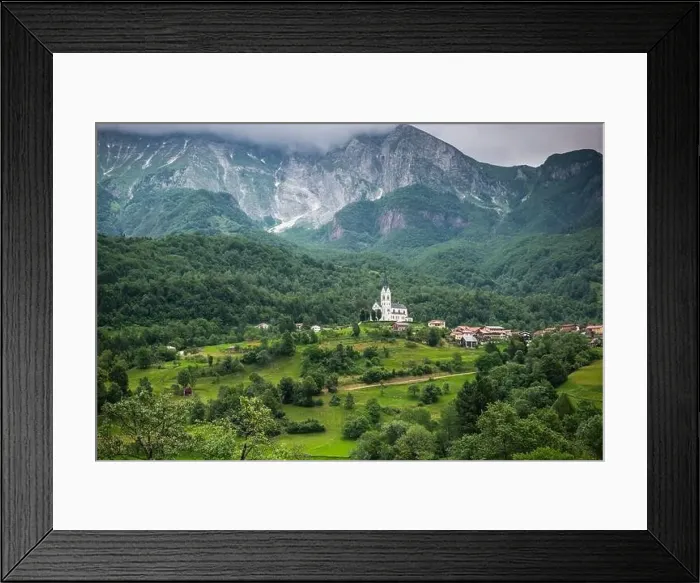 Framed Print : Drežnica village near Kobarid, under Mount Krn Slovenia. Picturesque rural green landscape Framed Print : Drežnica village near Kobarid, under Mount Krn Slovenia. Picturesque rural green landscape