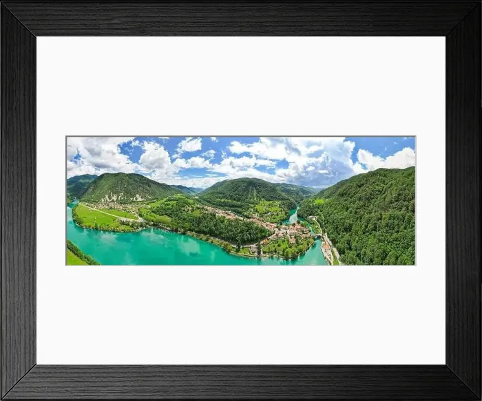 Framed Print : Aerial drone view of Most na Soci town in Slovenia and Soca river Framed Print : Aerial drone view of Most na Soci town in Slovenia and Soca river