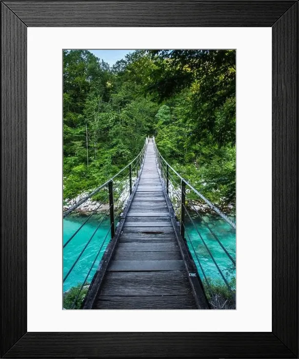 Framed Print : Suspension bridge in Soca valley over Soca river in Slovenia Framed Print : Suspension bridge in Soca valley over Soca river in Slovenia