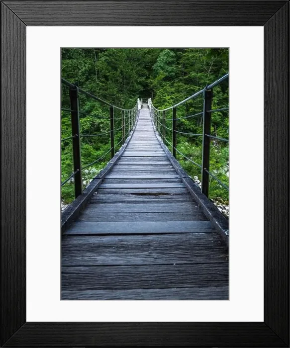 Framed Print : Suspension bridge in Soca valley over Soca river in Slovenia Framed Print : Suspension bridge in Soca valley over Soca river in Slovenia