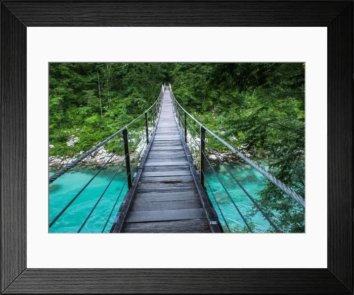 Framed Print : Suspension bridge in Soca valley over Soca river in Slovenia Framed Print : Suspension bridge in Soca valley over Soca river in Slovenia