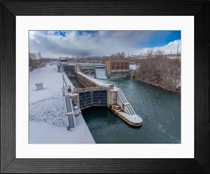 Framed Print : Winter aerial Image of the Erie Canal Locks found in Seneca Falls, NY, between Seneca Lake and Cayuga Lake