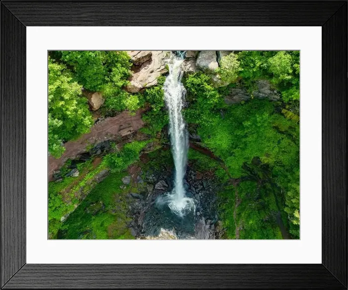 Framed Print : Elevated view drone photography of Kaaterskill Falls a two-stage waterfall on Spruce Creek in the eastern Catskill Framed Print : Elevated view drone photography of Kaaterskill Falls a two-stage waterfall on Spruce Creek in the eastern Catskill
