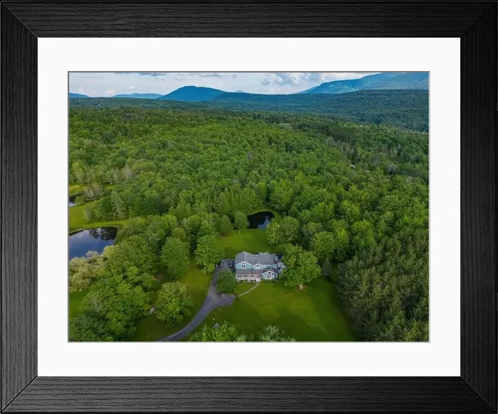 Framed Print : Elevated view drone photography of a Vacation Home at Kaaterskill Falls a two-stage waterfall on Spruce Creek in Framed Print : Elevated view drone photography of a Vacation Home at Kaaterskill Falls a two-stage waterfall on Spruce Creek in