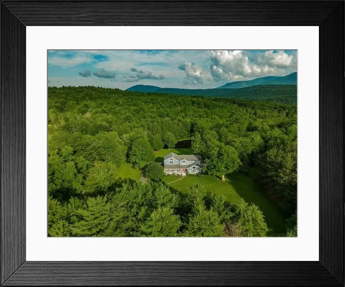 Framed Print : Elevated view drone photography of a Vacation Home at Kaaterskill Falls a two-stage waterfall on Spruce Creek in Framed Print : Elevated view drone photography of a Vacation Home at Kaaterskill Falls a two-stage waterfall on Spruce Creek in