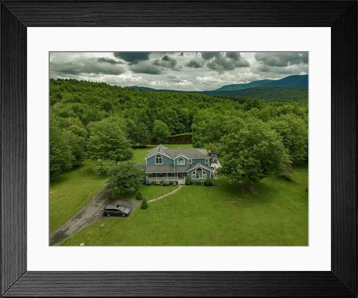 Framed Print : Elevated view drone photography of a Vacation Home at Kaaterskill Falls a two-stage waterfall on Spruce Creek in Framed Print : Elevated view drone photography of a Vacation Home at Kaaterskill Falls a two-stage waterfall on Spruce Creek in