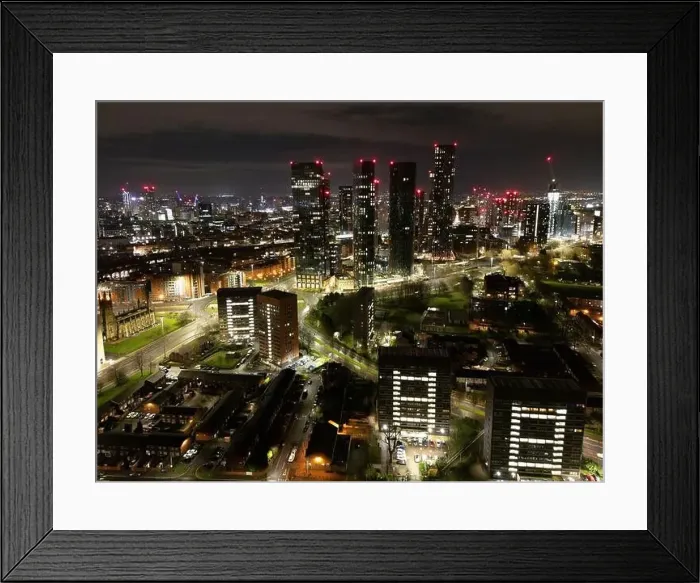 Framed Print : Aerial of Deansgate Square Manchester UK in the blue zone just before sunrise.Deansgate Square South Tower Framed Print : Aerial of Deansgate Square Manchester UK in the blue zone just before sunrise.Deansgate Square South Tower