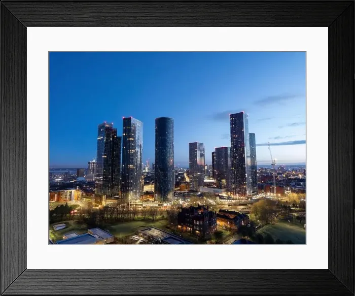Framed Print : Aerial of Deansgate Square Manchester UK in the blue zone just before sunrise.Deansgate Square South Tower Framed Print : Aerial of Deansgate Square Manchester UK in the blue zone just before sunrise.Deansgate Square South Tower