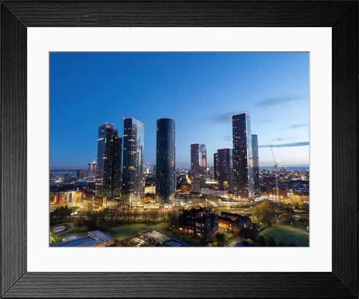Framed Print : Aerial of Deansgate Square Manchester UK in the blue zone just before sunrise.Deansgate Square South Tower Framed Print : Aerial of Deansgate Square Manchester UK in the blue zone just before sunrise.Deansgate Square South Tower