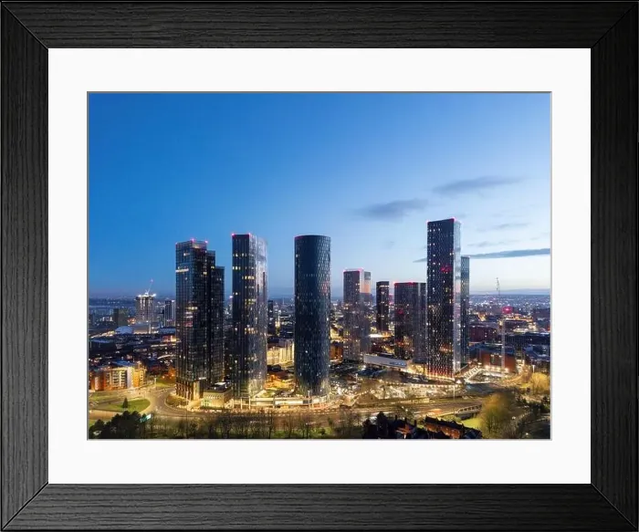 Framed Print : Aerial of Deansgate Square Manchester UK in the blue zone just before sunrise.Deansgate Square South Tower Framed Print : Aerial of Deansgate Square Manchester UK in the blue zone just before sunrise.Deansgate Square South Tower