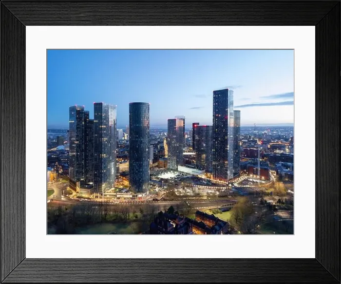 Framed Print : Aerial of Deansgate Square Manchester UK in the blue zone just before sunrise.Deansgate Square South Tower Framed Print : Aerial of Deansgate Square Manchester UK in the blue zone just before sunrise.Deansgate Square South Tower