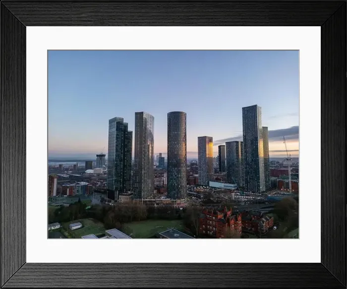 Framed Print : Aerial of Deansgate Square Manchester UK in the blue zone just before sunrise.Deansgate Square South Tower Framed Print : Aerial of Deansgate Square Manchester UK in the blue zone just before sunrise.Deansgate Square South Tower