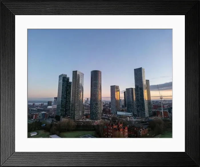 Framed Print : Aerial of Deansgate Square Manchester UK in the blue zone just before sunrise.Deansgate Square South Tower Framed Print : Aerial of Deansgate Square Manchester UK in the blue zone just before sunrise.Deansgate Square South Tower