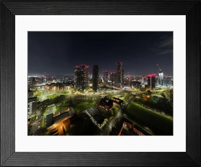 Framed Print : Aerial of Deansgate Square Manchester UK in the blue zone just before sunrise Framed Print : Aerial of Deansgate Square Manchester UK in the blue zone just before sunrise