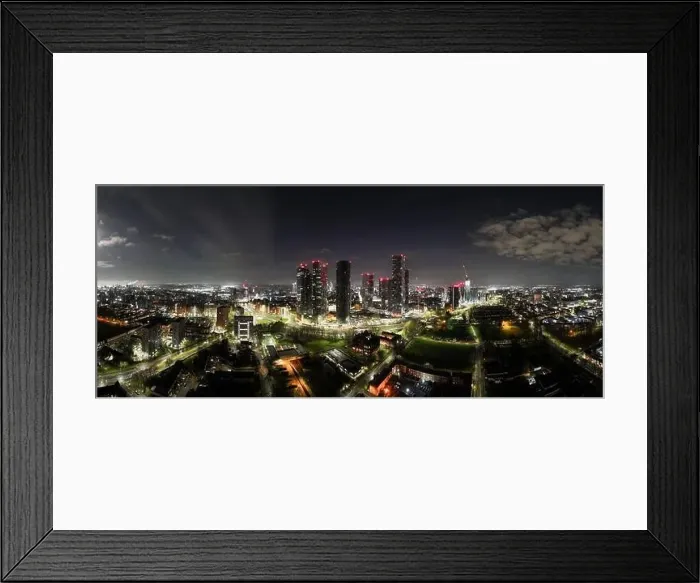 Framed Print : Aerial of Deansgate Square Manchester UK in the blue zone just before sunrise Framed Print : Aerial of Deansgate Square Manchester UK in the blue zone just before sunrise