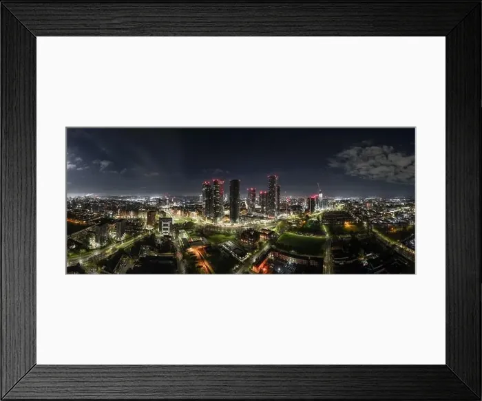 Framed Print : Aerial of Deansgate Square Manchester UK in the blue zone just before sunrise Framed Print : Aerial of Deansgate Square Manchester UK in the blue zone just before sunrise