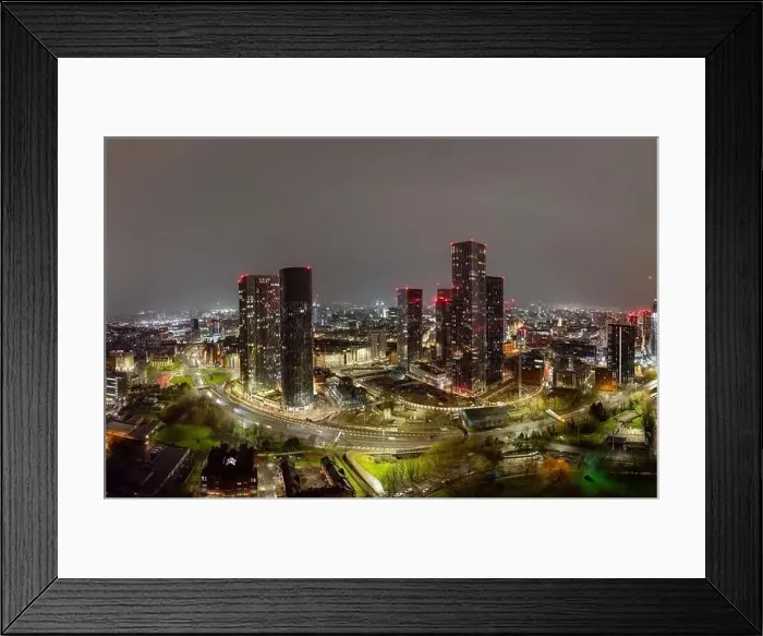 Framed Print : Aerial of Deansgate Square Manchester UK in the blue zone just before sunrise Framed Print : Aerial of Deansgate Square Manchester UK in the blue zone just before sunrise