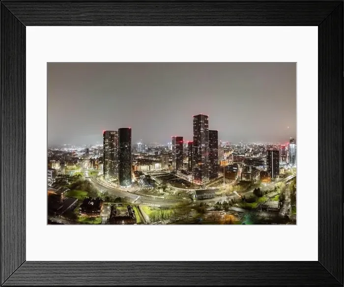 Framed Print : Aerial of Deansgate Square Manchester UK in the blue zone just before sunrise Framed Print : Aerial of Deansgate Square Manchester UK in the blue zone just before sunrise