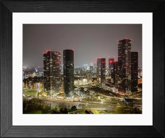 Framed Print : Aerial of Deansgate Square Manchester UK in the blue zone just before sunrise Framed Print : Aerial of Deansgate Square Manchester UK in the blue zone just before sunrise