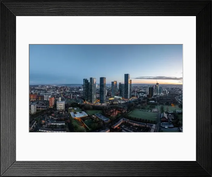 Framed Print : Aerial of Deansgate Square Manchester UK in the blue zone just before sunrise Framed Print : Aerial of Deansgate Square Manchester UK in the blue zone just before sunrise