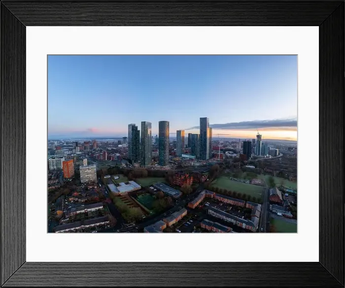Framed Print : Aerial of Deansgate Square Manchester UK in the blue zone just before sunrise Framed Print : Aerial of Deansgate Square Manchester UK in the blue zone just before sunrise
