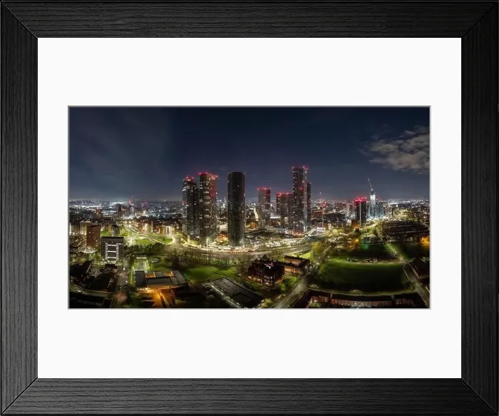 Framed Print : Aerial of Deansgate Square Manchester UK in the blue zone just before sunrise Framed Print : Aerial of Deansgate Square Manchester UK in the blue zone just before sunrise