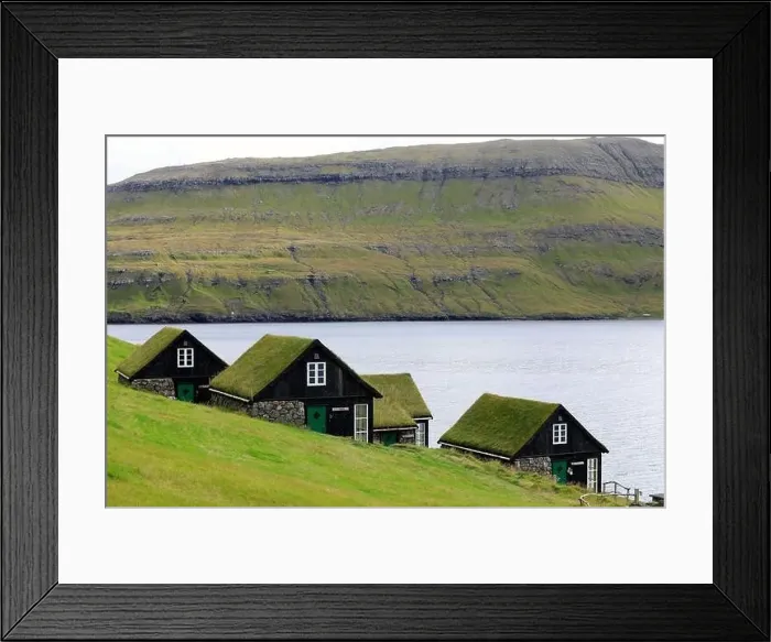 Framed Print : Traditional houses in a scenic landscape, Faroe islands Framed Print : Traditional houses in a scenic landscape, Faroe islands