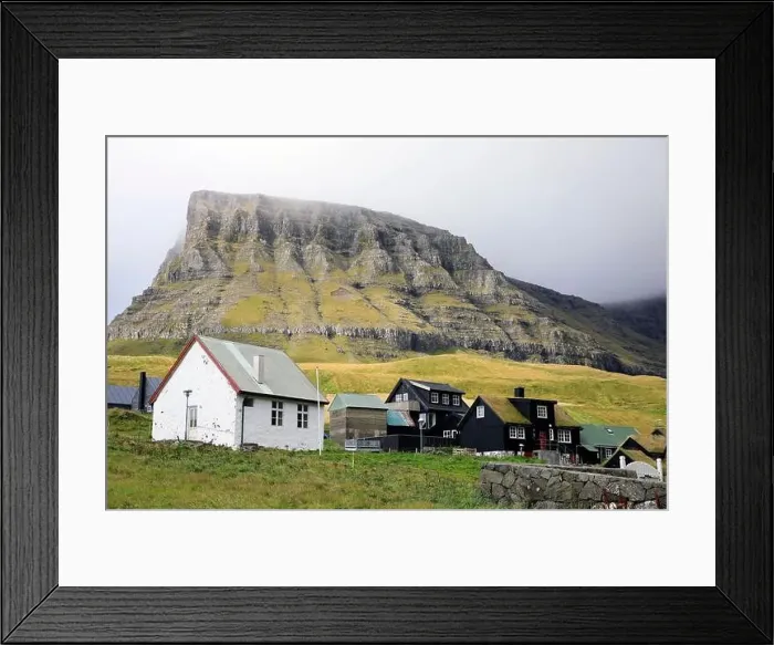 Framed Print : Traditional houses in a scenic landscape, Faroe islands Framed Print : Traditional houses in a scenic landscape, Faroe islands