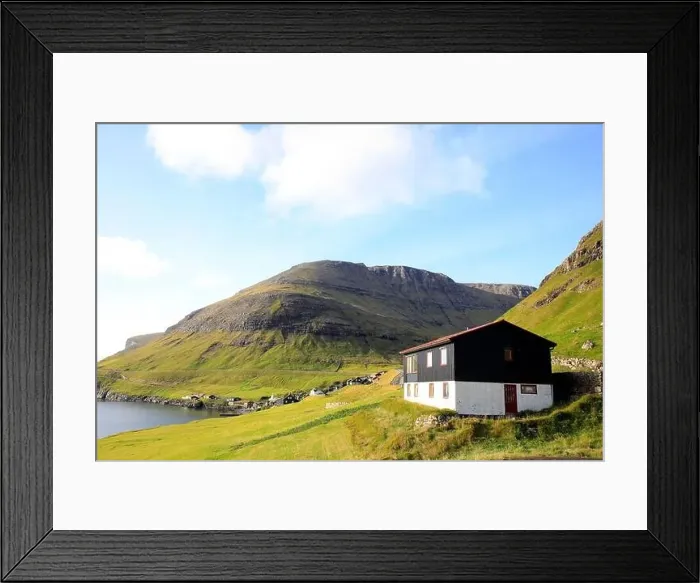 Framed Print : Traditional houses in a scenic landscape, Faroe islands