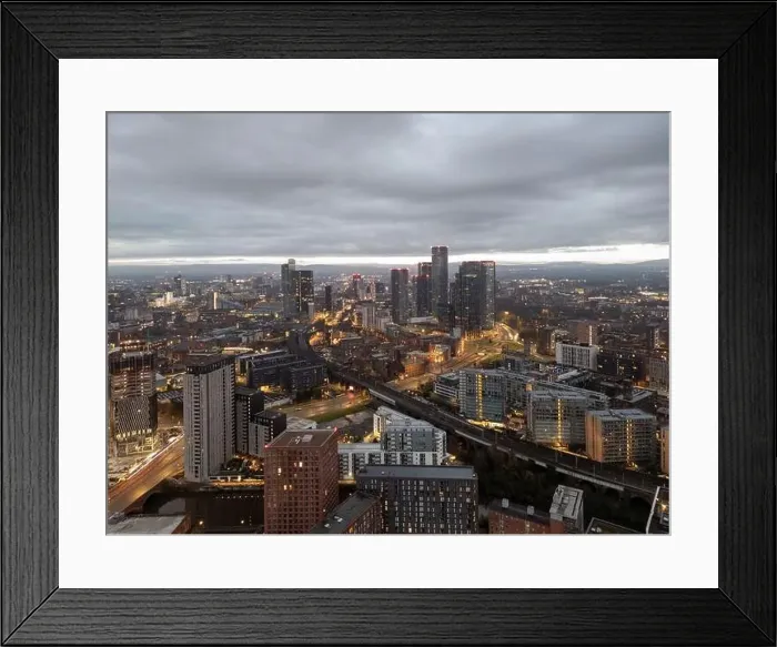 Framed Print : Aerial drone shot across Manchester shot from the west looking east at Deansgate Square, Manchester, UK Framed Print : Aerial drone shot across Manchester shot from the west looking east at Deansgate Square, Manchester, UK