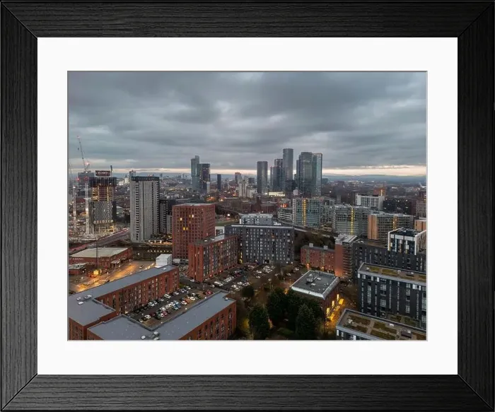 Framed Print : Aerial drone shot across Manchester shot from the west looking east at Deansgate Square, Manchester, UK Framed Print : Aerial drone shot across Manchester shot from the west looking east at Deansgate Square, Manchester, UK