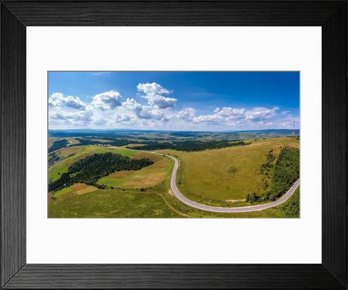 Framed Print : Top view of cultivated agricultural field and highway. Rural landscape in summer Framed Print : Top view of cultivated agricultural field and highway. Rural landscape in summer