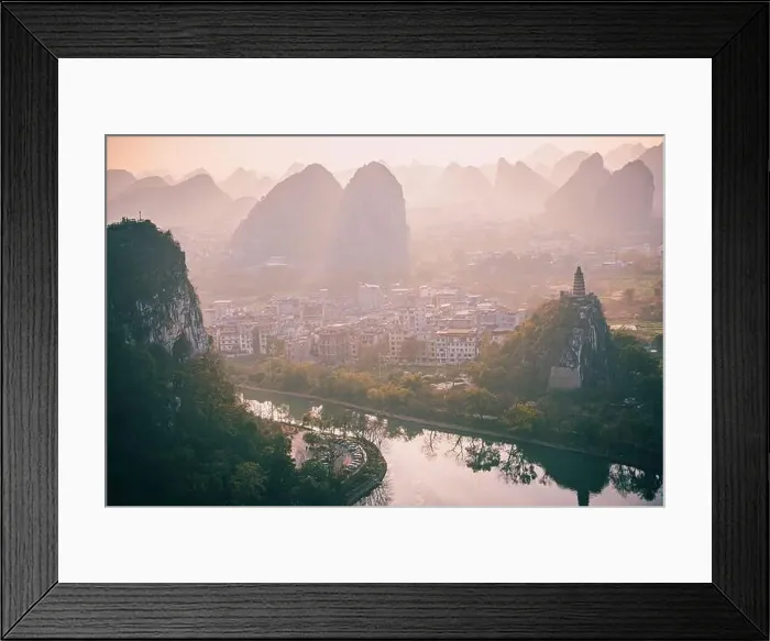 Framed Print : Drone Sunset View of Guilin, Li River and Karst mountains, Guilin city, Guangxi, province, China Framed Print : Drone Sunset View of Guilin, Li River and Karst mountains, Guilin city, Guangxi, province, China