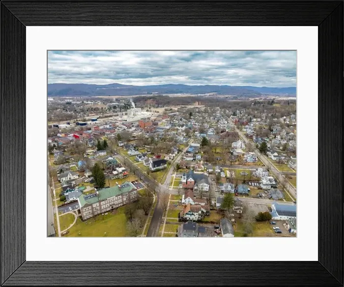 Framed Print : Waverly, NY, USA - 03-03-2024 - Cloudy winter aerial image of the downtown area in the Village of Waverly, NY Framed Print : Waverly, NY, USA - 03-03-2024 - Cloudy winter aerial image of the downtown area in the Village of Waverly, NY