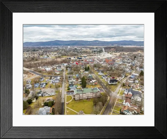 Framed Print : Waverly, NY, USA - 03-03-2024 - Cloudy winter aerial image of the downtown area in the Village of Waverly, NY Framed Print : Waverly, NY, USA - 03-03-2024 - Cloudy winter aerial image of the downtown area in the Village of Waverly, NY