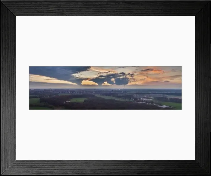 Framed Print : Drone image of the evening sky of the German industrial region of the Ruhr with several chimneys emitting large Framed Print : Drone image of the evening sky of the German industrial region of the Ruhr with several chimneys emitting large