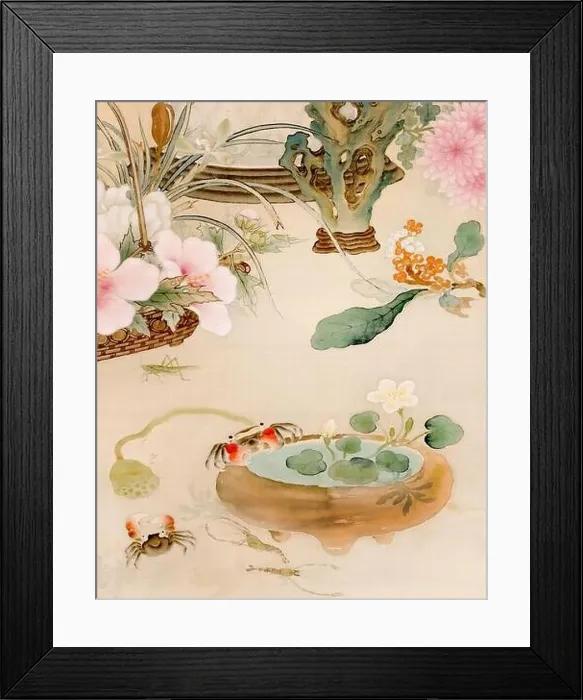 Framed Print : Beautiful oriental floral design featuring charming crabs and a lobster Framed Print : Beautiful oriental floral design featuring charming crabs and a lobster
