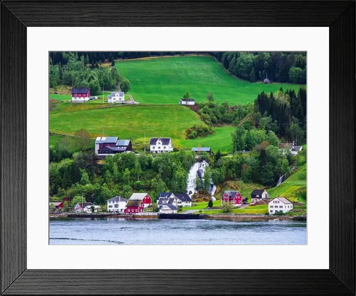 Framed Print : Mountains and Fjord over Norwegian Village, Olden, Innvikfjorden, Norway, Europe Framed Print : Mountains and Fjord over Norwegian Village, Olden, Innvikfjorden, Norway, Europe