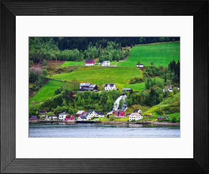 Framed Print : Mountains and Fjord over Norwegian Village, Olden, Innvikfjorden, Norway, Europe