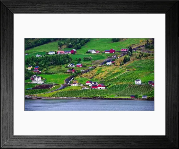 Framed Print : Mountains and Fjord over Norwegian Village, Olden, Innvikfjorden, Norway, Europe Framed Print : Mountains and Fjord over Norwegian Village, Olden, Innvikfjorden, Norway, Europe