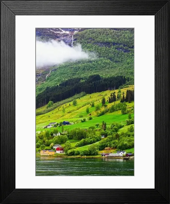 Framed Print : Mountains and Fjord over Norwegian Village, Olden, Innvikfjorden, Norway, Europe Framed Print : Mountains and Fjord over Norwegian Village, Olden, Innvikfjorden, Norway, Europe
