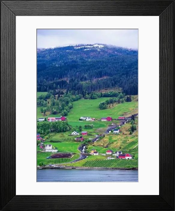 Framed Print : Mountains and Fjord over Norwegian Village, Olden, Innvikfjorden, Norway, Europe