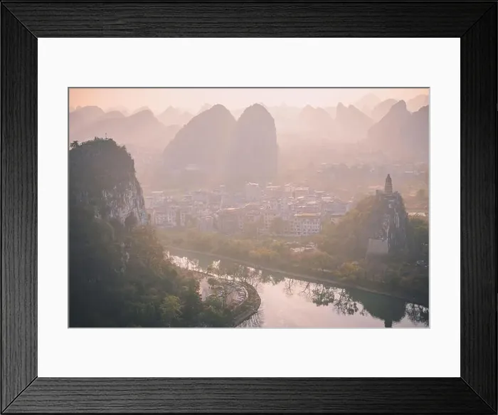 Framed Print : Drone Sunset View of Guilin, Li River and Karst mountains, Guilin city, Guangxi, province, China Framed Print : Drone Sunset View of Guilin, Li River and Karst mountains, Guilin city, Guangxi, province, China